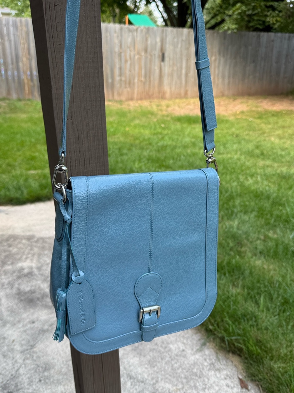 P. Sherrod & Co dusty blue leather crossbody bag